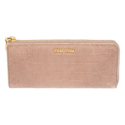 Miu Miu Beige Croc Embossed Patent Leather Zip Around Wallet