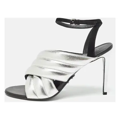 Balmain Silver/Black Quilted Leather and Suede Ankle Strap Sandals Size