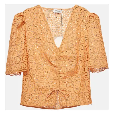 Sandro Apricot Orange Broderie Anglaise Cotton Blend Puff Sleeves Blouse