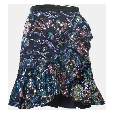 Self-Portrait Blue Floral Sequined Ruffled Mini Skirt