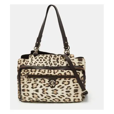 Roberto Cavalli Brown/Beige Leopard Satin and Leather Tote