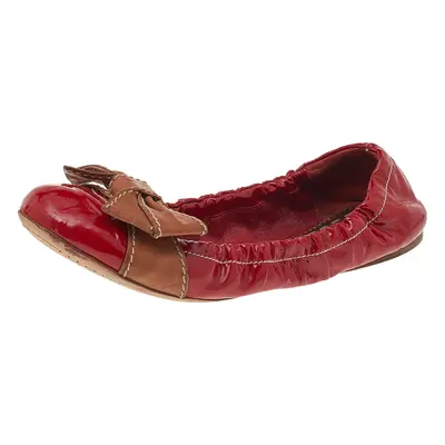 Prada Red/Brown Patent Leather Bow Scrunch Ballet Flats Size