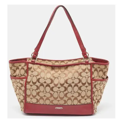 Coach Beige/Burgundy Signature Canvas and Leather Carrie Tote