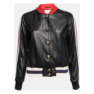 Gucci Black Leather Hollywood Embroidered Bomber Jacket