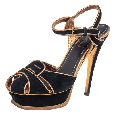 Saint Laurent Black Suede Leather Platform Ankle Strap Sandals Size