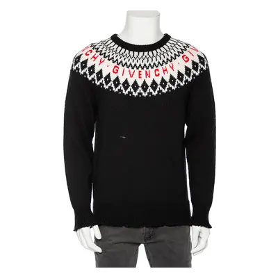 Givenchy Black Fair Isle Logo Knit Wool Frayed Edged Sweater