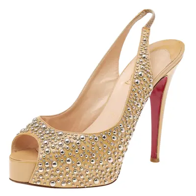 Christian Louboutin Beige Studded Patent Leather Star Prive Peep Toe Slingback Sandals Size