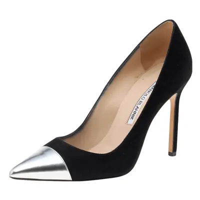 Manolo Blahnik Black/Silver Suede And Leather Bipunta Cap-Toe Pumps Size