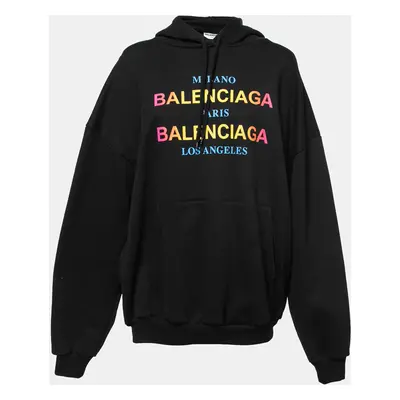 Balenciaga Black Cotton Multi-City Logo Print Hooded Sweatshirt