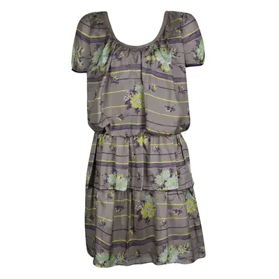 Philosophy di Alberta Ferretti Grey Floral Printed Silk Tiered Dress