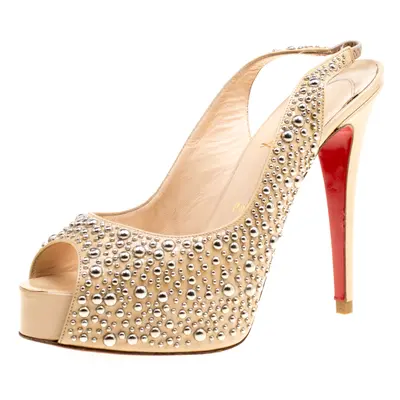 Christian Louboutin Beige Studded Patent Leather Star Prive Peep Toe Slingback Sandals Size