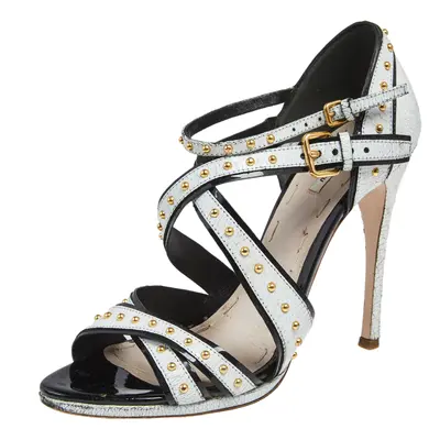 : Miu Miu White Studded Crackled Leather Ankle-Strap Sandals Size