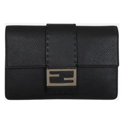 Fendi Black Leather Selleria FF Baguette Clutch