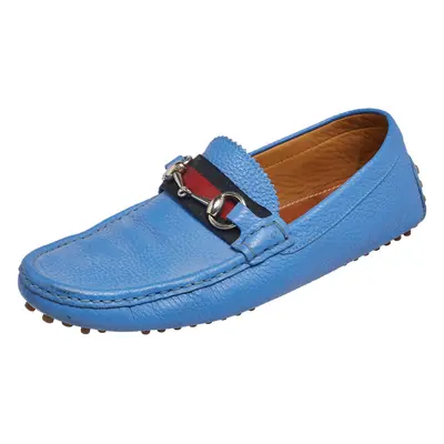 Gucci Blue Leather Horsbit Web Trim Loafers Size