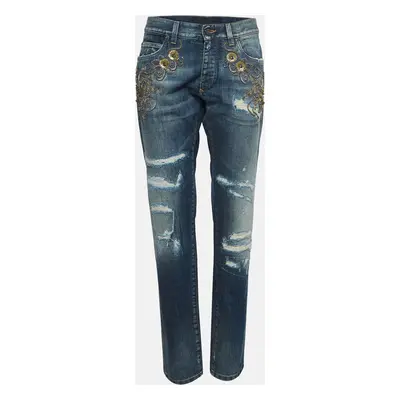 Dolce & Gabbana Navy Blue Ripped Denim Crystal Embellished Jeans Waist 33"