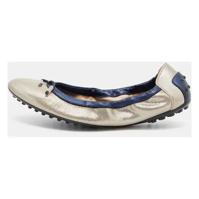 Tod's Silver/Blue Textured Nubuck Leather Scrunch Ballet Flats Size