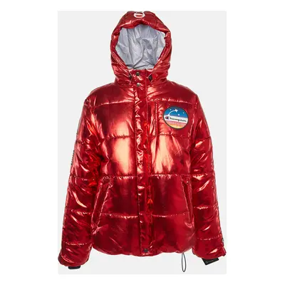 Champion Red Lame Printed & Badge Detail Puffer Overcoat