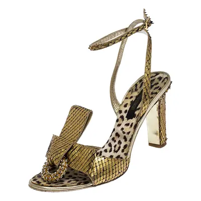 Roberto Cavalli Metallic Gold Python Leather Embellished Ankle Strap Sandals Size