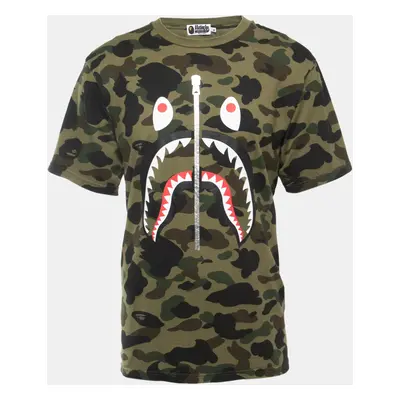 A Bathing Ape Military Green Camo Shark Print Cotton Crew Neck Half Sleeve T-Shirt