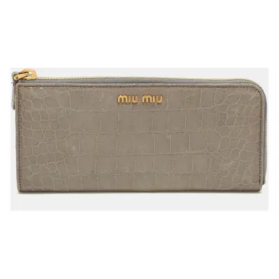 Miu Miu Grey Crocodile Embossed Leather Zip around Wallet