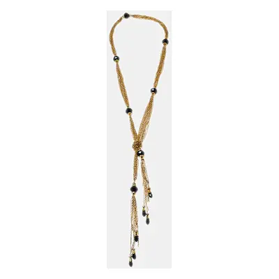 Carolina Hererra Black Beads Crystals Gold Tone Multi Chain Lariat Necklace