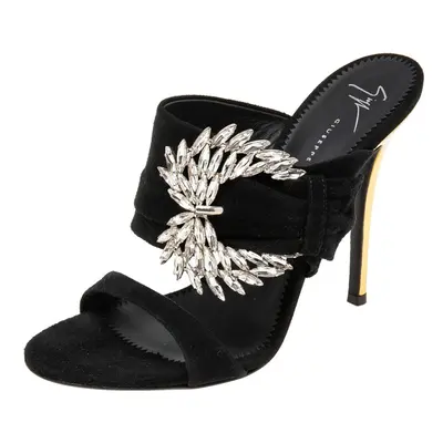 Giuseppe Zanotti Black Suede Crystal Embellished Wing Buckle Slide Sandals Size 37.5