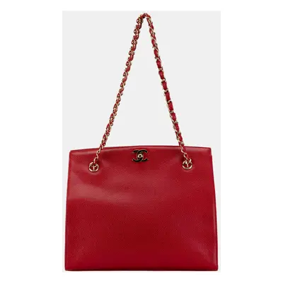 Chanel Red CC Caviar Turn Lock Chain Tote