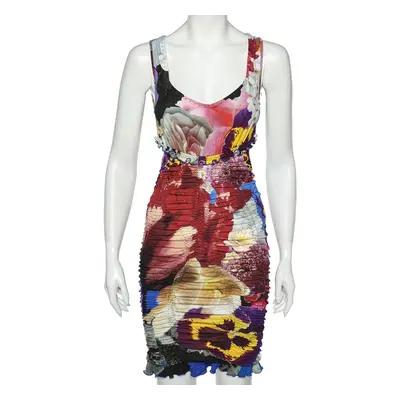 Roberto Cavalli Multicolor Printed Jersey Ruched Cut Out Detail Mini Dress