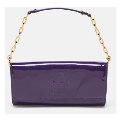 Tory Burch Purple Patent Leather Logo Embossed Flap Clutch Bag