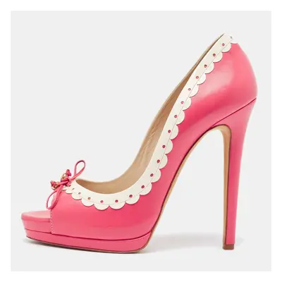 Oscar De La Renta Pink/White Leather Peep Toe Pumps Size