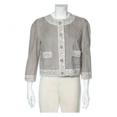 Dolce & Gabbana Beige Suede & Lace Trim Button Front Blouson Jacket