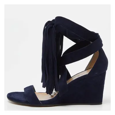 Chloe Navy Blue Suede Cross Strap Fringe Detail Wedge Sandals Size