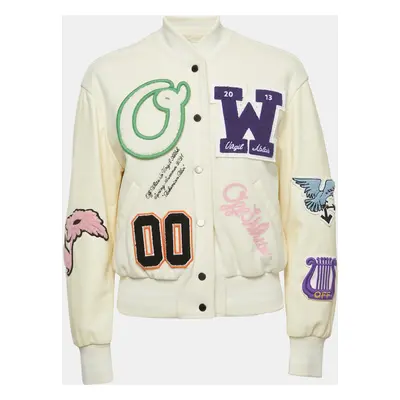 Off-White Cream Wool Embroidered Patch Detail Bomber Jacket