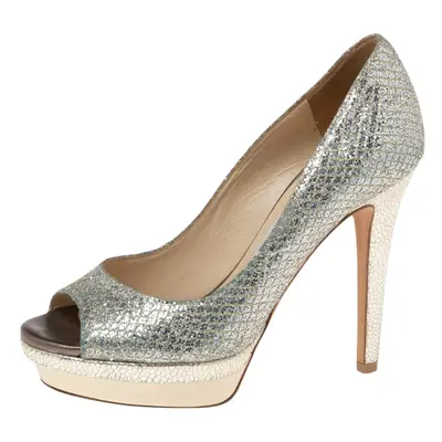 Jimmy Choo Silver Glitter Fabric Dahlia Platform Peep Toe Pumps Size