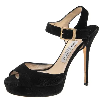 Jimmy Choo Black Suede Peep Toe Ankle Strap Platform Sandals Size