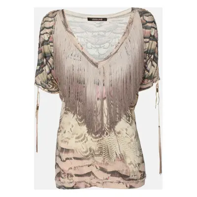 Roberto Cavalli Multicolor Printed Silk Fringed Neckline V-Neck Top