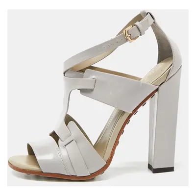 Tod's Grey Leather Cutout Block Heel Ankle Strap Sandals Size