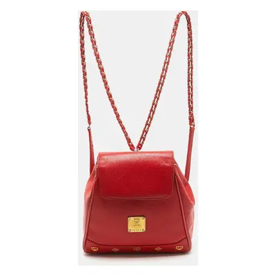 MCM Red Leather Studded Flap Backpack