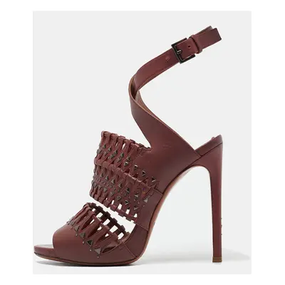 Alaia Burgundy Leather Studded and Laser Cut Ankle Strap Sandals Size