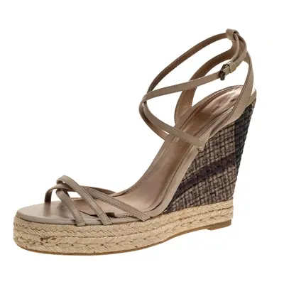 Burberry Pale Green Strappy Leather Woven Wedge Espadrille Sandals Size