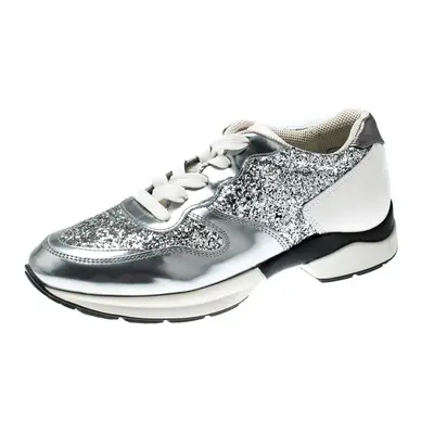 Tod's Metallic Silver Glitter And Leather Sportivo Lace Up Sneakers Size