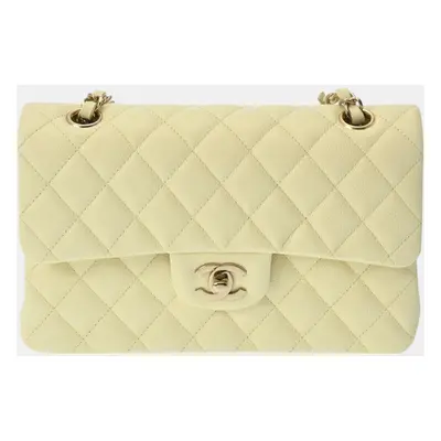 Chanel Light Yellow Caviar Skin Matelasse Chain Shoulder W Flap Bag