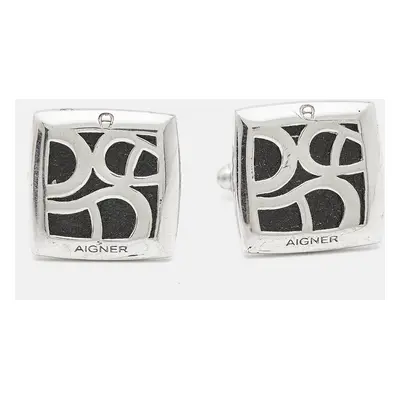 Aigner Logo Leather Silver Tone Cufflinks