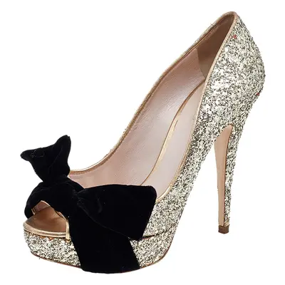 Miu Miu Metallic Gold Glitter Leather And Velvet Bow Peep Toe Pumps Size