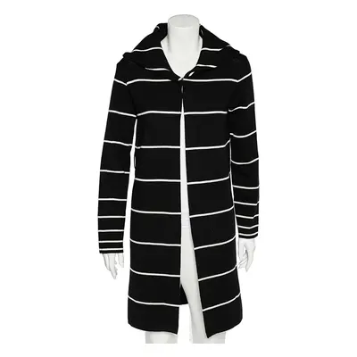 Love Moschino Black Striped Wool Hooded Mid Length Overcoat