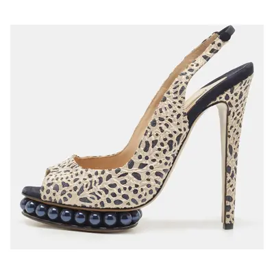 Nicholas Kirkwood Navy Blue/Cream Laser Cut Lace and Suede Pearl Platform Peep Toe Slingback Pum