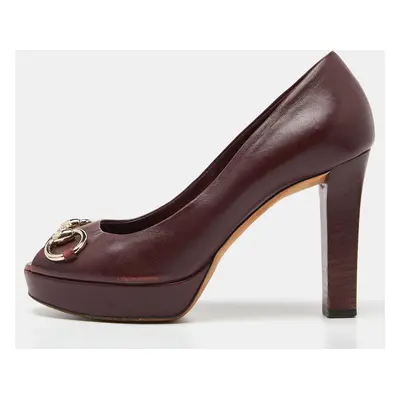 Gucci Burgundy Leather Horsebit Peep Toe Platform Pumps Size