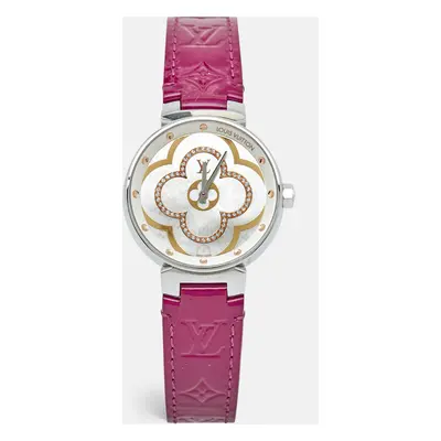 Louis Vuitton Mother of Pearl Diamond Stainless Steel Leather Tambour QA019 Women's Wristwatch