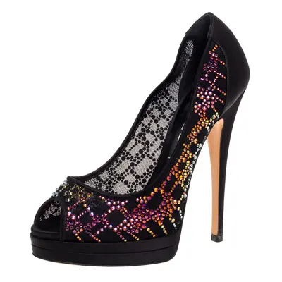 Casadei Black Crystal Embellished Mesh And Satin Peep Toe Platform Pumps Size