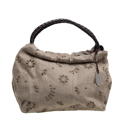 Furla Beige Canvas and Brown Leather Floral Cut Out Shoulder Bag